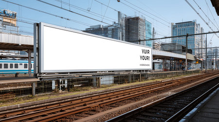 White advertisement billboard near railway station, with train approaching in background, natural daylight, clean space for contentの素材