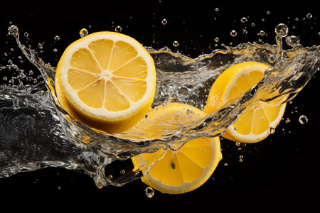 Lemon slices fall on the splashing waterの素材