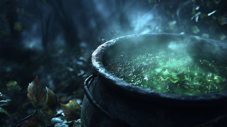 Witch cauldron bubbling green mist in dark forest, moonlight casting eerie glow, realistic leaves and smokeの素材