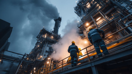 workers in safety gear working on industrial plant scaffolding, steam in the air, welding sparksの素材