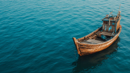 Wooden fishing boat floating on calm blue sea, minimal composition, bright daylightの素材