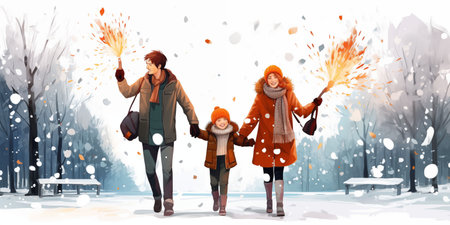 Happy family celebrating New Year outdoors in snowy park, wearing winter clothes, throwing confetti and holding sparklersの素材