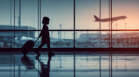 Young traveler pulling suitcase in modern airport terminalの素材