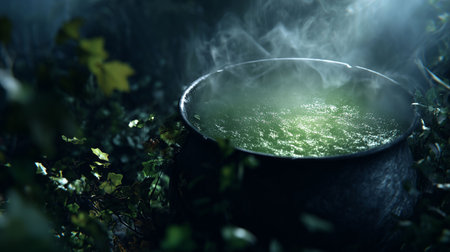 Witch cauldron bubbling green mist in dark forest, moonlight casting eerie glow, realistic leaves and smokeの素材