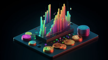 3D isometric illustration of crypto trading app, candlestick chart, and crypto portfolio interfaceの素材