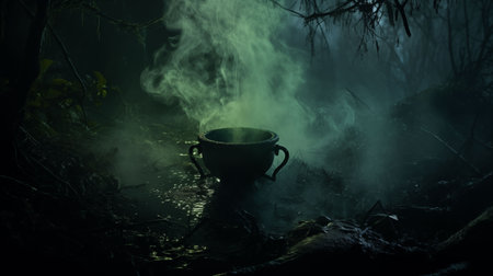 Witch cauldron bubbling green mist in dark forest, moonlight casting eerie glow, realistic leaves and smokeの素材
