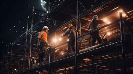 workers in safety gear working on industrial plant scaffolding, steam in the air, welding sparksの素材