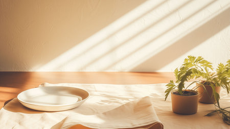 a clean tabletop background illuminated by natural daylight through a window, soft shadow from plants or sheer curtainsの素材