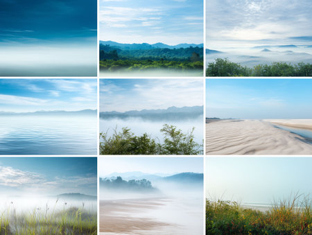 realistic natural backgrounds, photorealistic, blue sky with soft clouds, green forest canopy, mountain landscape, calm riverの素材