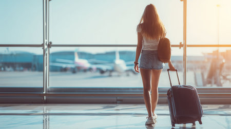 Young traveler pulling suitcase in modern airport terminalの素材