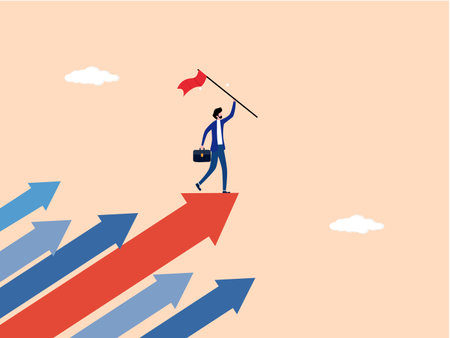 businessman holds a flag on a graph and moves forward.のイラスト素材