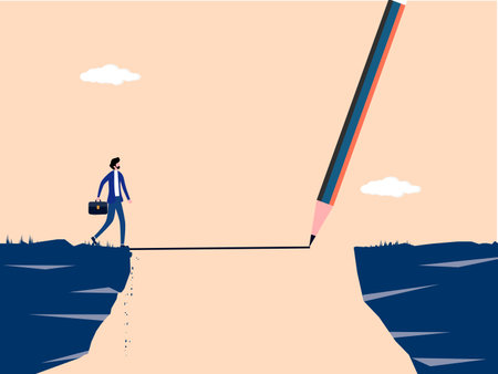 pencil draws a line to guide the businessman across the cliff.のイラスト素材