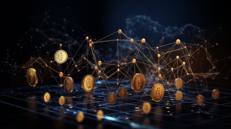 Abstract financial network with Bitcoin, ETF, gold, stock icons, and upward market movementの素材