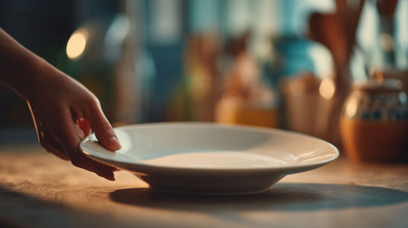 a person hand gently placing an empty dish onto a cozy kitchen tableの素材