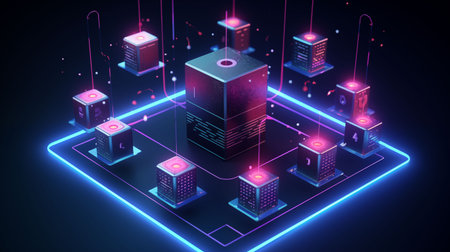 Blockchain technology concept with isometric chain blocksの素材