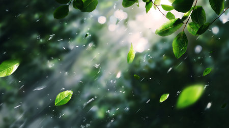 lush forest background with soft light filtering through trees, several green leavesの素材