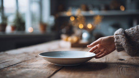 a person hand gently placing an empty dish onto a cozy kitchen tableの素材