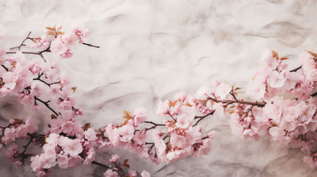 Cherry blossom vines climbing across textured white wallの素材