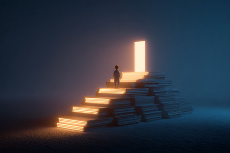 Child climbing stairs built from stacked books, glowing light at the top, educational metaphorの素材