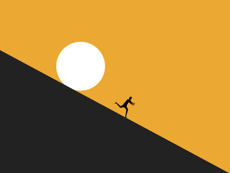 businessman runs away from a rock rolling down the mountainのイラスト素材