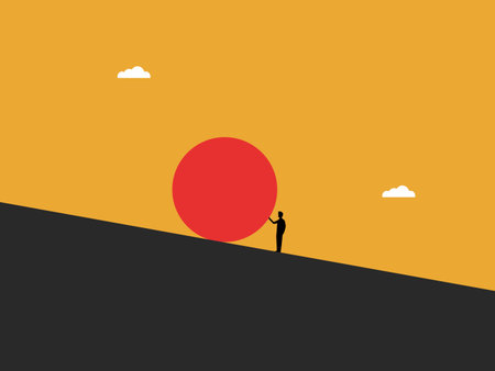 businessman pushes a giant rock to prevent it from rolling down a hill.のイラスト素材