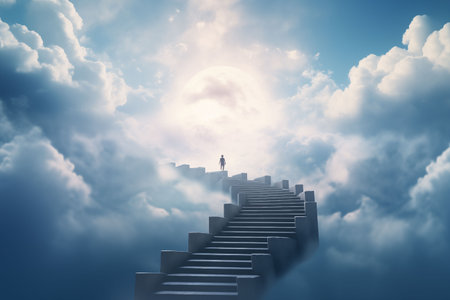 lone person climbing an endless staircase floating in the sky,concept of ambition and perseveranceの素材