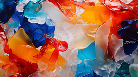 Close-up texture of compressed recycled plastic pieces, colorful bitsの素材