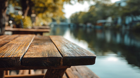 Wooden table near the poolの素材