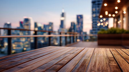 The wooden board backdrop is a bokeh city.の素材