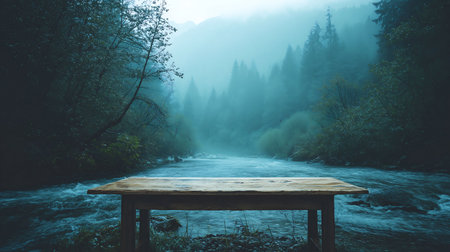 Wooden table in the forest and streamの素材