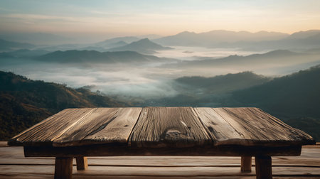 wooden table behind mountainの素材