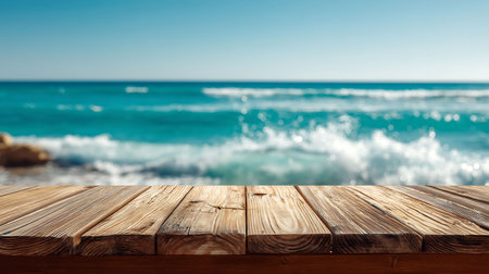 wooden table with a seaside background.の素材