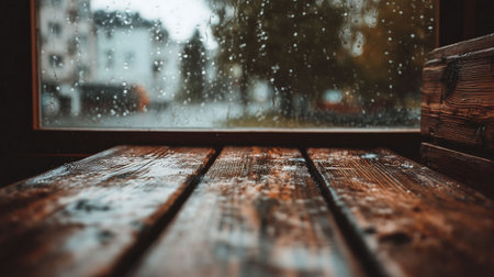 wooden board with a glass background shows the rain falling.の素材