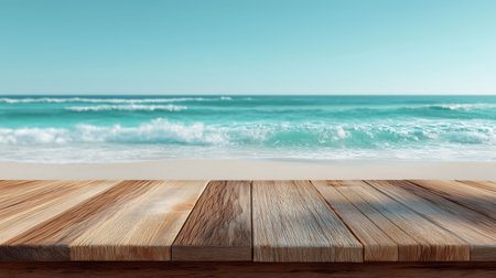 wooden table with a seaside background.の素材