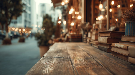 Wooden with a background of a bookstore in the cityの素材