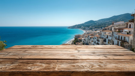 wooden board background seaside town.の素材