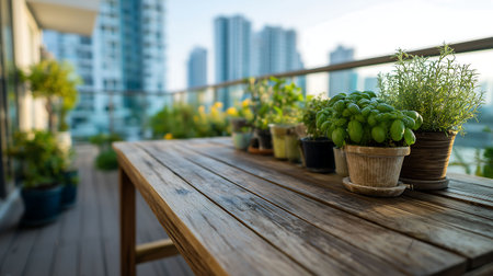 Wood with garden background on high-rise building in the cityの素材