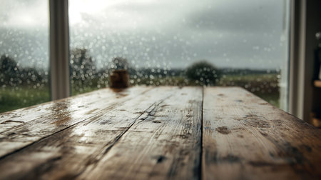 wooden board with a glass background shows the rain falling.の素材