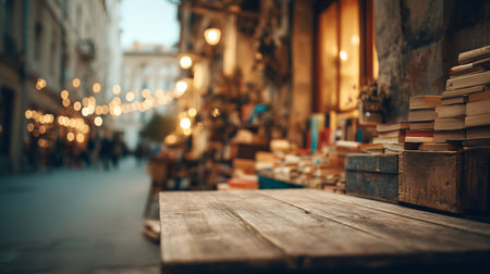Wooden with a background of a bookstore in the cityの素材