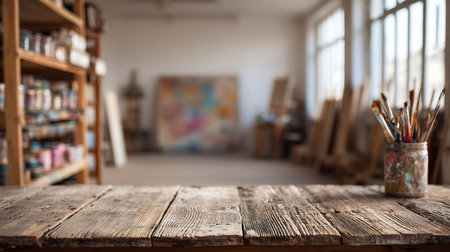 Art studio, empty wooden table, foreground, blurred artist workshop backgroundの素材
