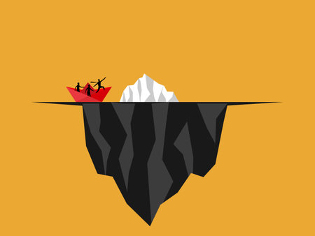 businessmen in the paper boats fail to see the dangers beneath the icebergのイラスト素材
