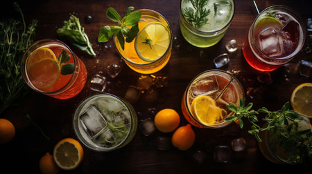 various cocktails in glassware on marble or wooden surface, top-down angle, garnished with citrus fruits and herbsの素材