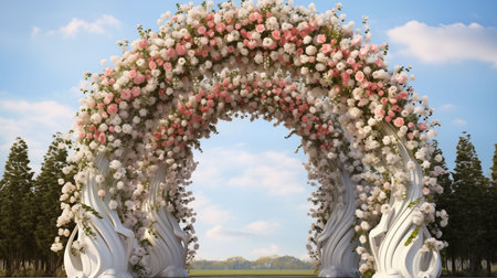 Floral climbing plant wrapped around white garden arch, blooming with colorful flowersの素材