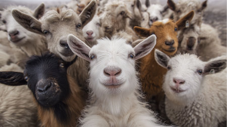 Goats and sheep are taking selfies and laughing happilyの素材