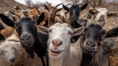 Group of goats in the mountains. Portrait of a goat herd.の素材