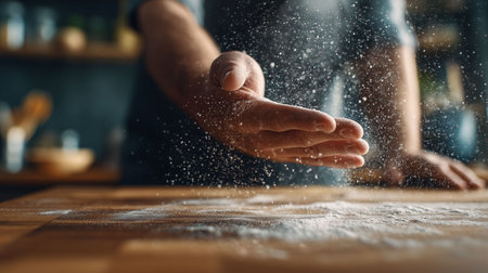 hand of a cook sprinkling herbs or flour over an empty tableの素材