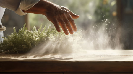 hand of a cook sprinkling herbs or flour over an empty tableの素材