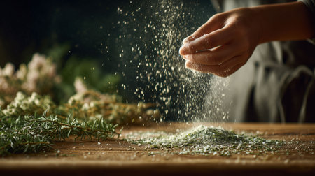 hand of a cook sprinkling herbs or flour over an empty tableの素材