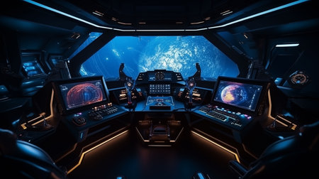 sci-fi control room inside spaceship with digital screensの素材