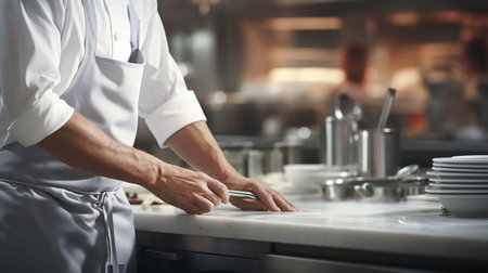 hands in white chef uniform sleeves preparing tools or platesの素材
